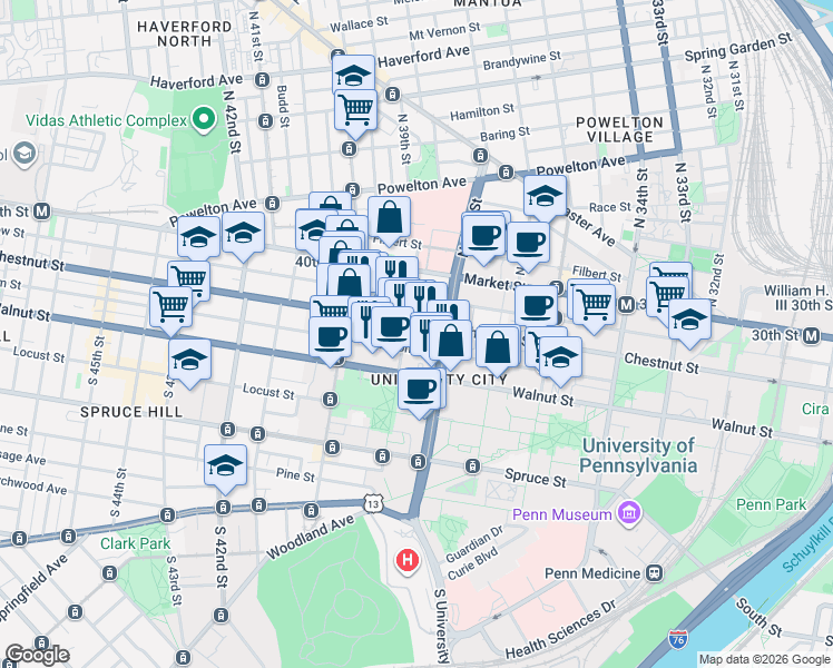 map of restaurants, bars, coffee shops, grocery stores, and more near 101 South 39th Street in Philadelphia