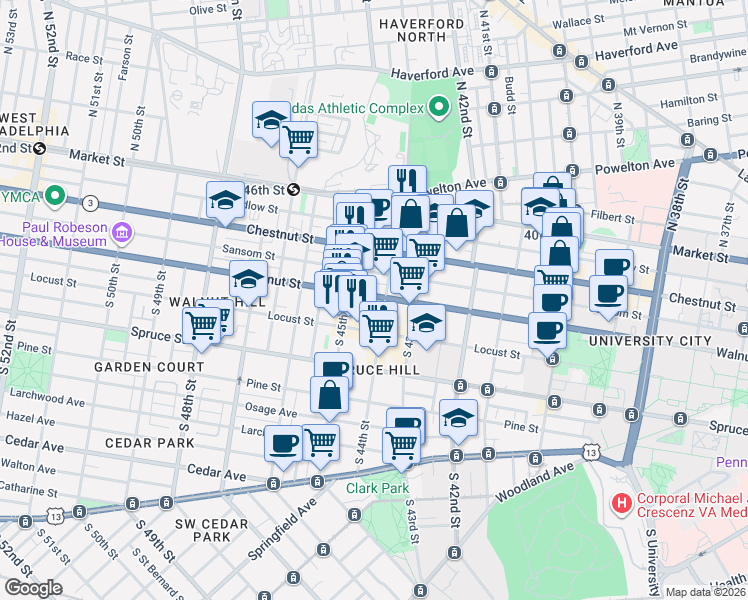 map of restaurants, bars, coffee shops, grocery stores, and more near 4406 Walnut Street in Philadelphia