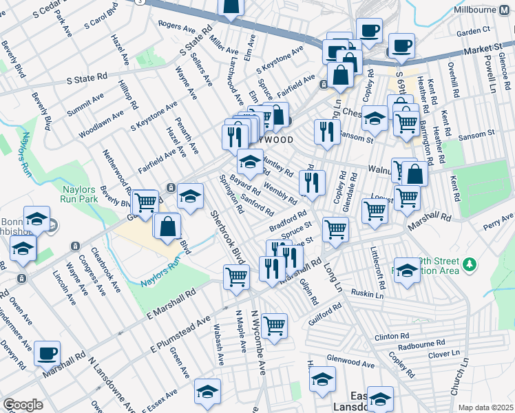 map of restaurants, bars, coffee shops, grocery stores, and more near 256 Sanford Road in Delaware County
