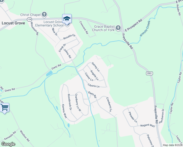 map of restaurants, bars, coffee shops, grocery stores, and more near 30 Angela Lane in York