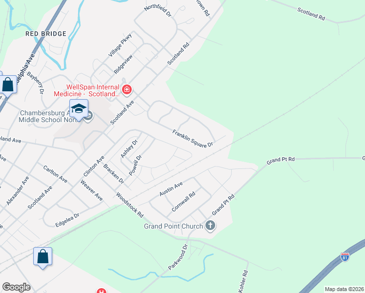 map of restaurants, bars, coffee shops, grocery stores, and more near 500 Franklin Square Drive in Chambersburg