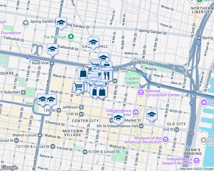 map of restaurants, bars, coffee shops, grocery stores, and more near 923 Race Street in Philadelphia
