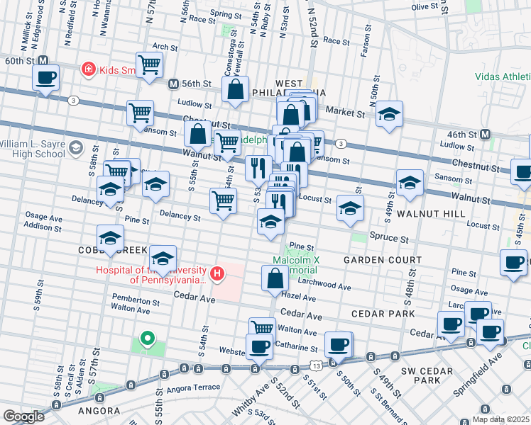 map of restaurants, bars, coffee shops, grocery stores, and more near 5237 Spruce Street in Philadelphia