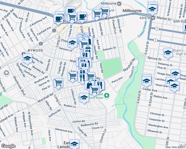 map of restaurants, bars, coffee shops, grocery stores, and more near 242 Barrington Road in Delaware County