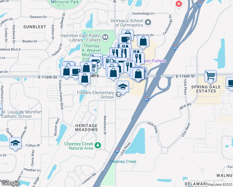 map of restaurants, bars, coffee shops, grocery stores, and more near 8847 South Street in Fishers