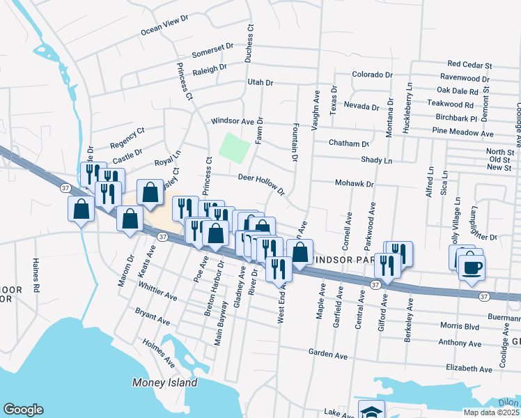map of restaurants, bars, coffee shops, grocery stores, and more near 524 River Drive in Toms River