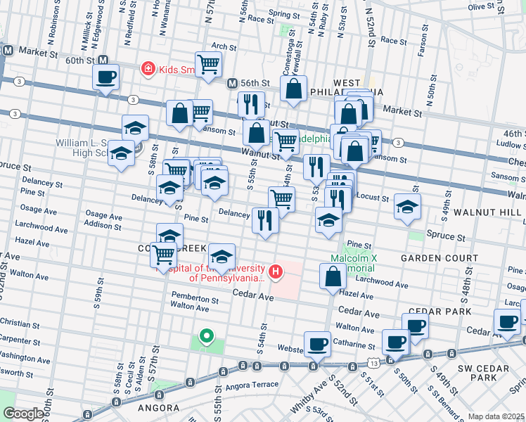 map of restaurants, bars, coffee shops, grocery stores, and more near 5436 Spruce Street in Philadelphia