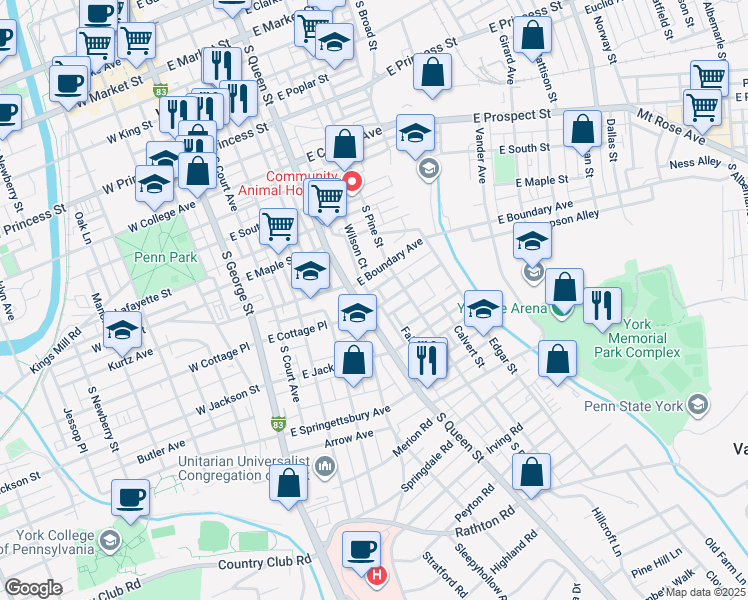 map of restaurants, bars, coffee shops, grocery stores, and more near 219 East Cottage Place in York