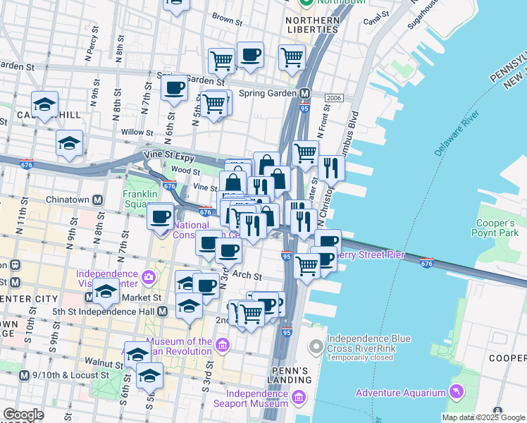 map of restaurants, bars, coffee shops, grocery stores, and more near 154 Vine Street in Philadelphia