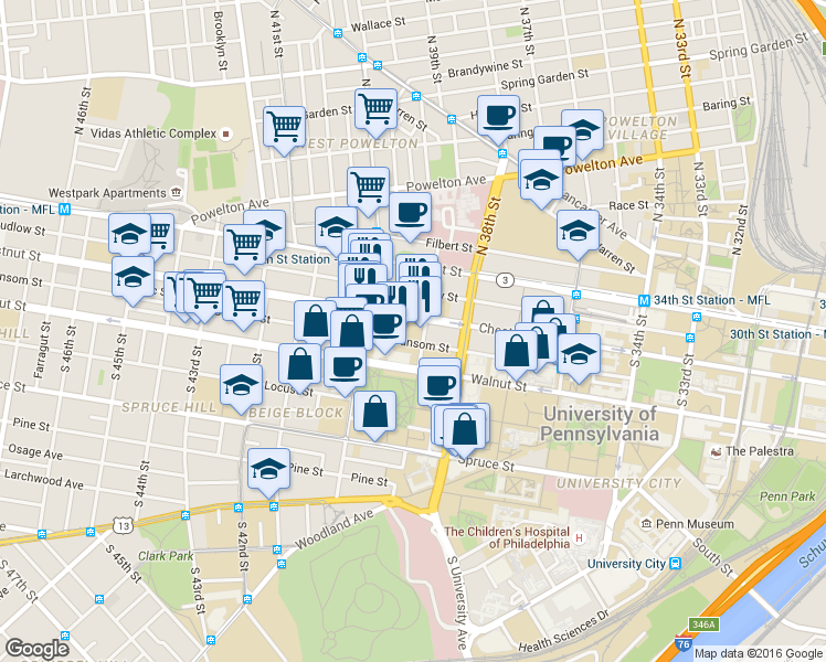 map of restaurants, bars, coffee shops, grocery stores, and more near 3940-42 Chestnut Street in Philadelphia