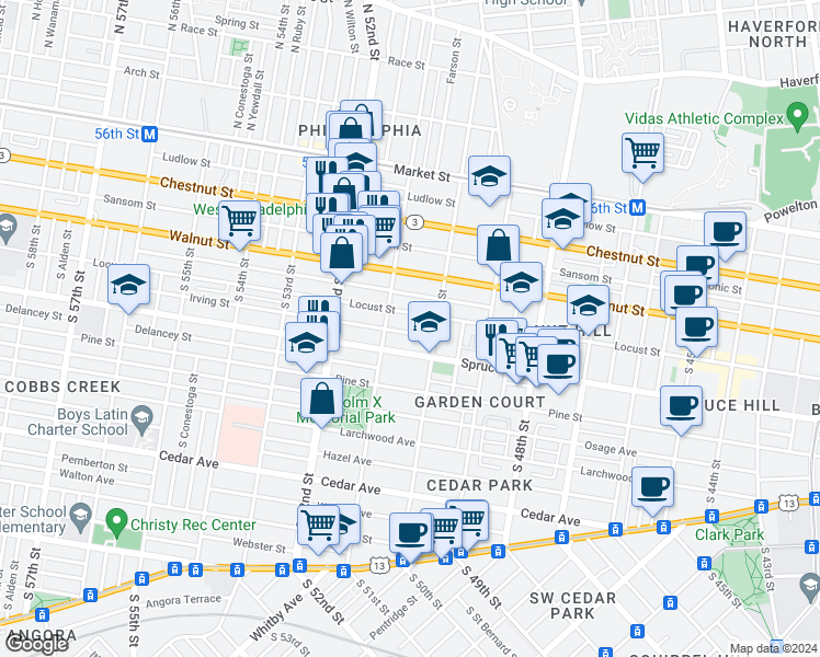 map of restaurants, bars, coffee shops, grocery stores, and more near 5035 Irving Street in Philadelphia