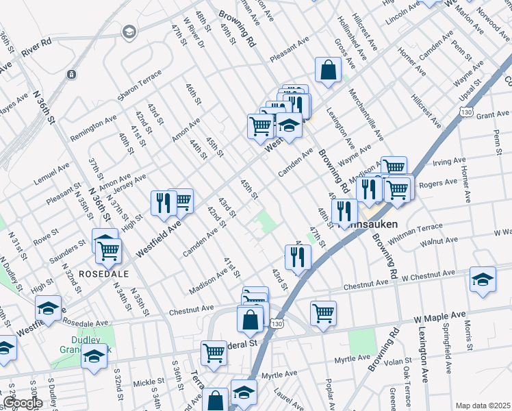 map of restaurants, bars, coffee shops, grocery stores, and more near 4504 Camden Avenue in Pennsauken Township
