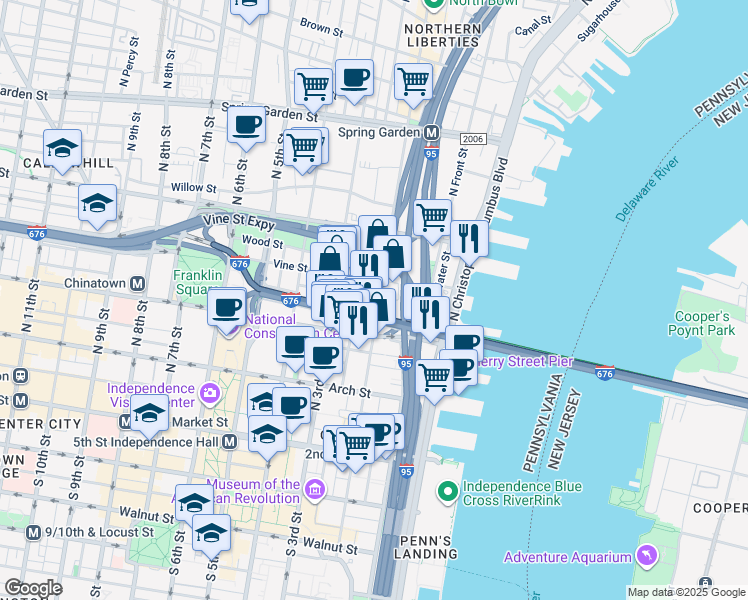 map of restaurants, bars, coffee shops, grocery stores, and more near 154 Vine Street in Philadelphia