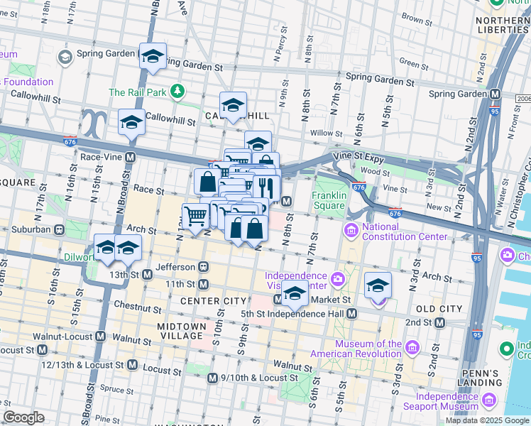 map of restaurants, bars, coffee shops, grocery stores, and more near 923 Race Street in Philadelphia