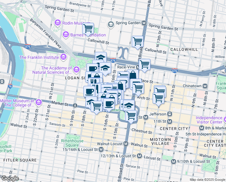 map of restaurants, bars, coffee shops, grocery stores, and more near 110 North 16th Street in Philadelphia