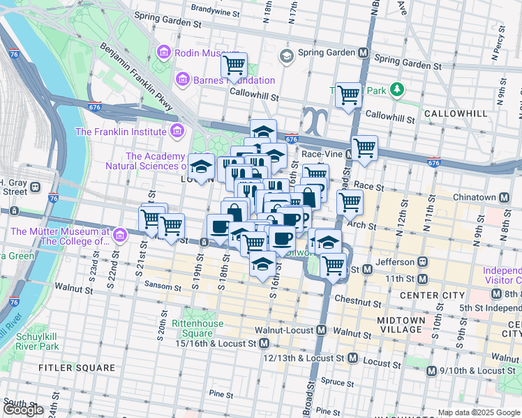 map of restaurants, bars, coffee shops, grocery stores, and more near 1631 Arch Street in Philadelphia