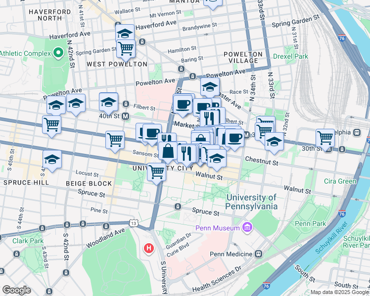 map of restaurants, bars, coffee shops, grocery stores, and more near 3717 Chestnut Street in Philadelphia