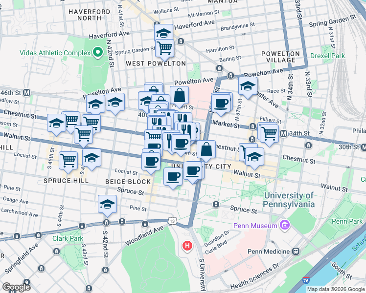 map of restaurants, bars, coffee shops, grocery stores, and more near 3910 Pennsylvania 3 in Philadelphia