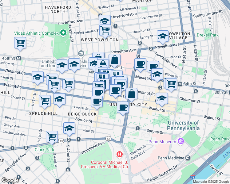 map of restaurants, bars, coffee shops, grocery stores, and more near 3900 Chestnut Street in Philadelphia