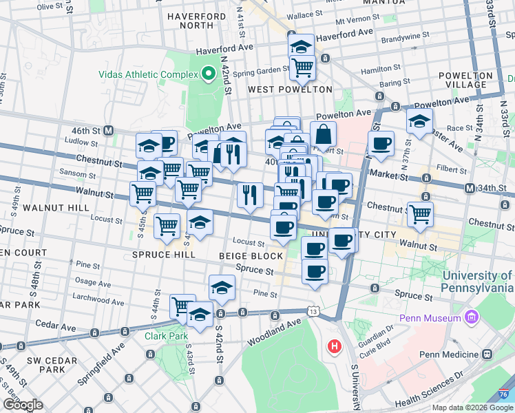 map of restaurants, bars, coffee shops, grocery stores, and more near 4044 Chestnut Street in Philadelphia