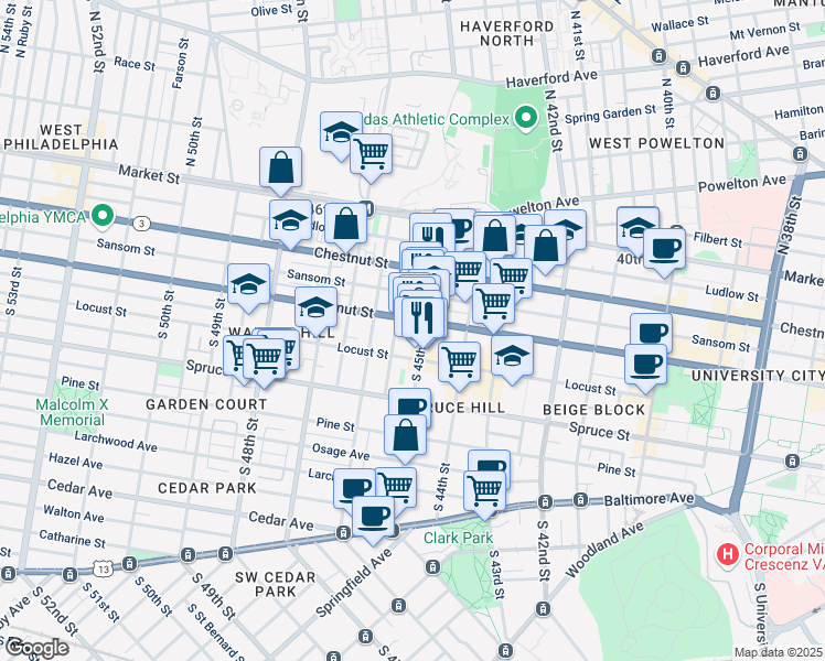 map of restaurants, bars, coffee shops, grocery stores, and more near in Philadelphia