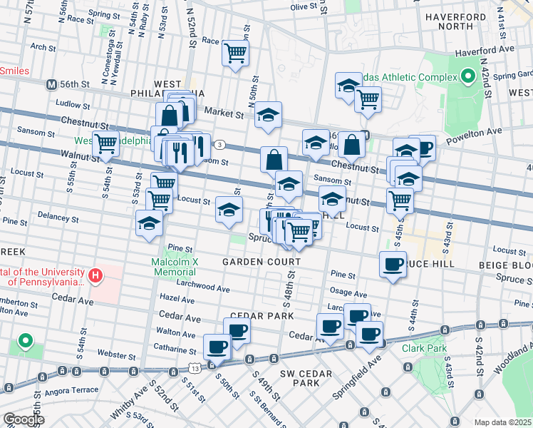map of restaurants, bars, coffee shops, grocery stores, and more near 4918 Chancellor Street in Philadelphia