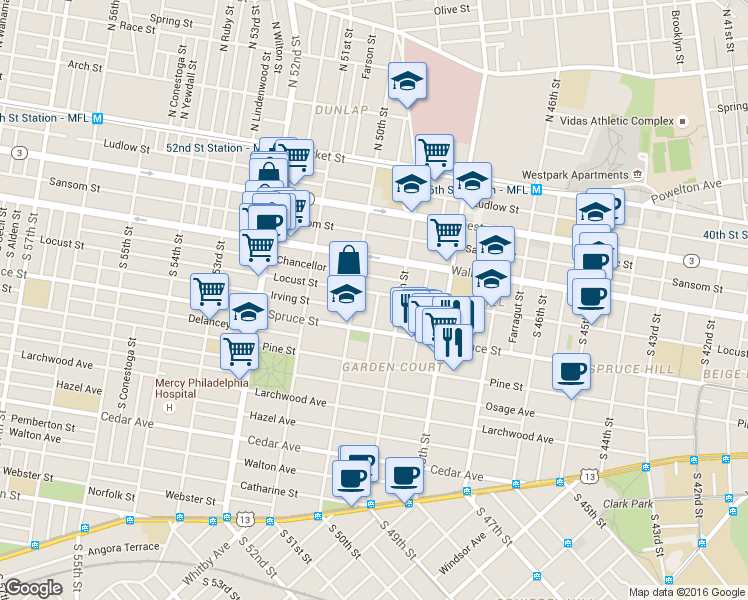 map of restaurants, bars, coffee shops, grocery stores, and more near 4918 Chancellor Street in Philadelphia