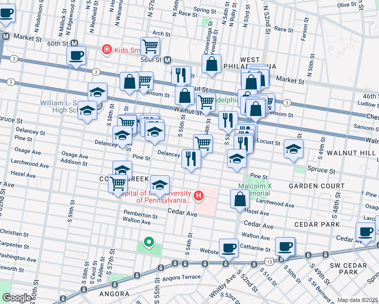 map of restaurants, bars, coffee shops, grocery stores, and more near 5441 Spruce Street in Philadelphia