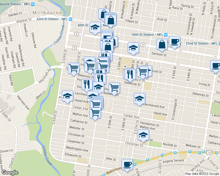 map of restaurants, bars, coffee shops, grocery stores, and more near 5943 Pine Street in Philadelphia