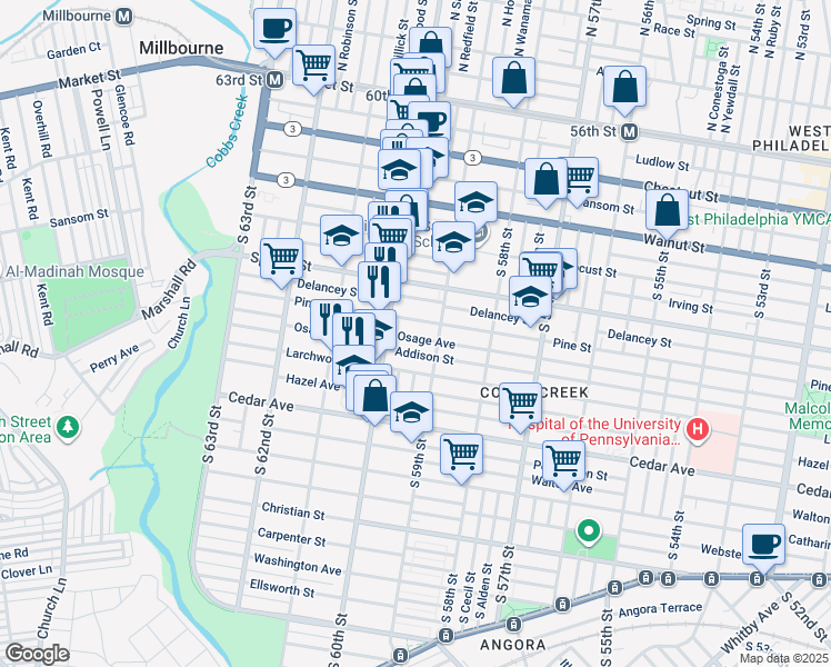 map of restaurants, bars, coffee shops, grocery stores, and more near 5943 Pine Street in Philadelphia