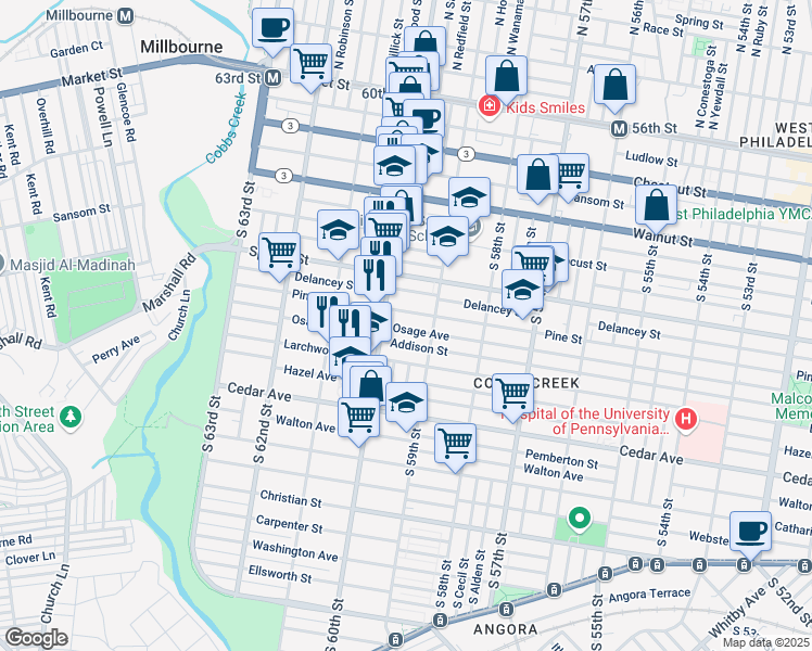 map of restaurants, bars, coffee shops, grocery stores, and more near 5943 Pine Street in Philadelphia