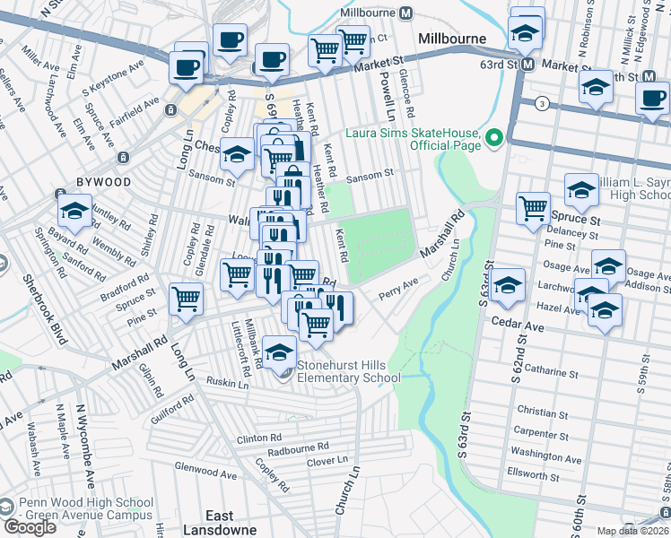 map of restaurants, bars, coffee shops, grocery stores, and more near 256 Kent Road in Delaware County