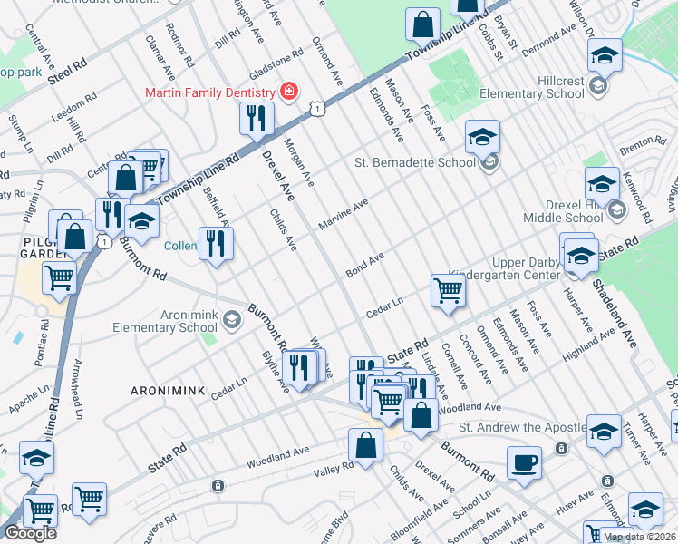 map of restaurants, bars, coffee shops, grocery stores, and more near 1021 Drexel Avenue in Drexel Hill