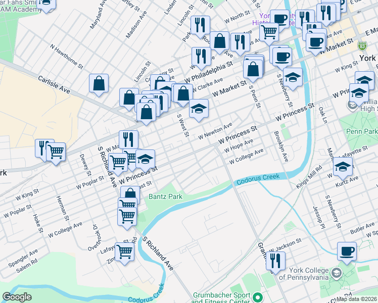 map of restaurants, bars, coffee shops, grocery stores, and more near 139 South West Street in York