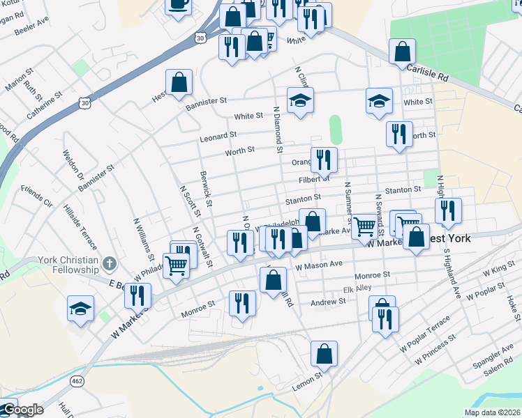 map of restaurants, bars, coffee shops, grocery stores, and more near 220 North Diamond Street in York