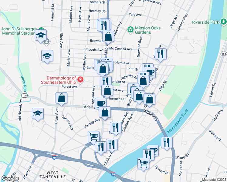 map of restaurants, bars, coffee shops, grocery stores, and more near 537 Forest Avenue in Zanesville