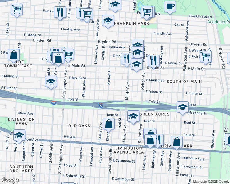 map of restaurants, bars, coffee shops, grocery stores, and more near 1382 East Fulton Street in Columbus
