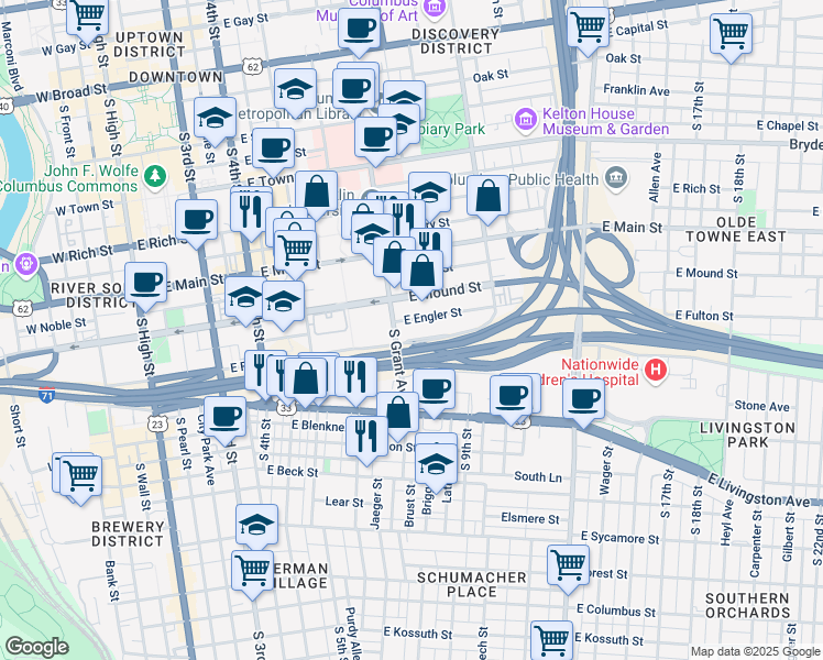 map of restaurants, bars, coffee shops, grocery stores, and more near 374 East Engler Street in Columbus