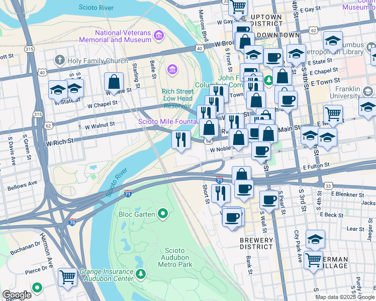 map of restaurants, bars, coffee shops, grocery stores, and more near 2 Miranova Place in Columbus