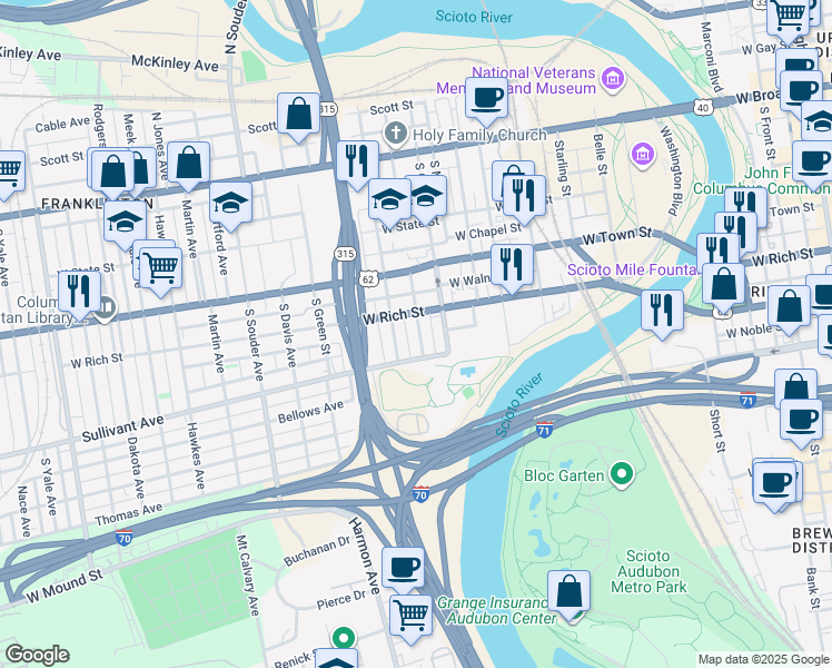 map of restaurants, bars, coffee shops, grocery stores, and more near in Columbus