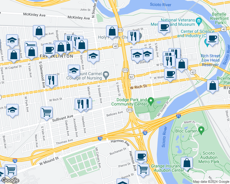 map of restaurants, bars, coffee shops, grocery stores, and more near 204 South Davis Avenue in Columbus