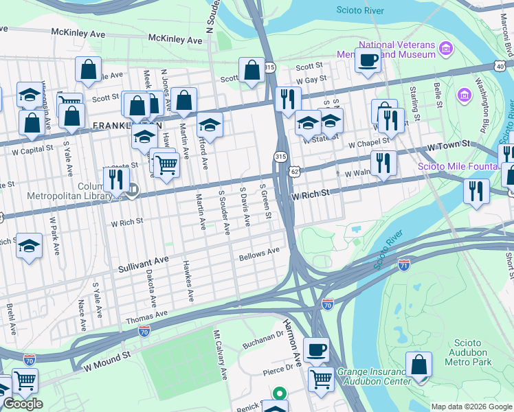 map of restaurants, bars, coffee shops, grocery stores, and more near 204 South Davis Avenue in Columbus