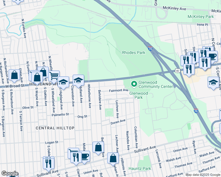 map of restaurants, bars, coffee shops, grocery stores, and more near 1991 West Broad Street in Columbus