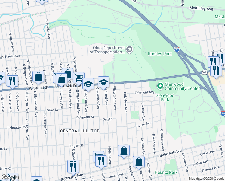 map of restaurants, bars, coffee shops, grocery stores, and more near in Columbus