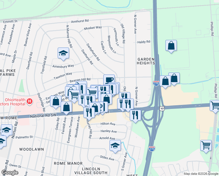 map of restaurants, bars, coffee shops, grocery stores, and more near 132 Tarryton Court East in Columbus