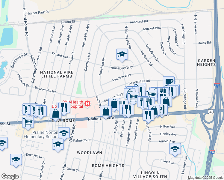 map of restaurants, bars, coffee shops, grocery stores, and more near 4991 Taunton Way in Columbus