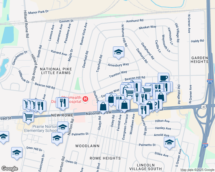 map of restaurants, bars, coffee shops, grocery stores, and more near 4991 Taunton Way in Columbus