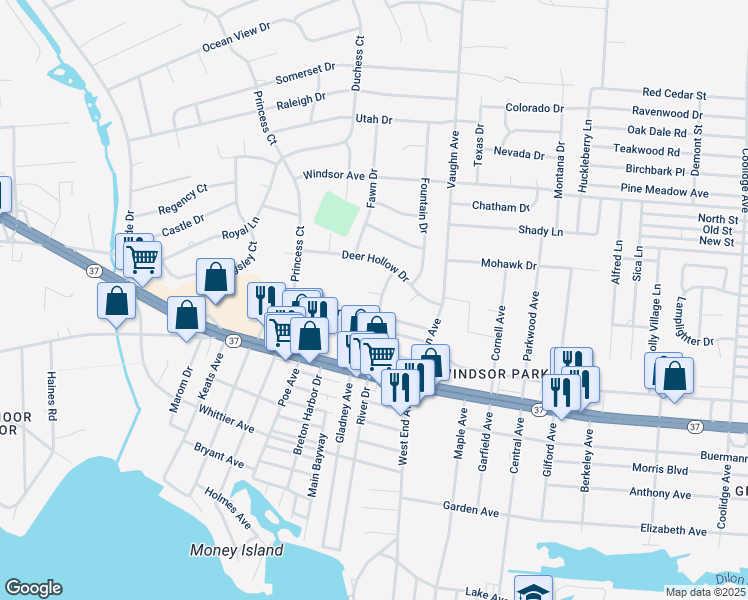 map of restaurants, bars, coffee shops, grocery stores, and more near 524 River Drive in Toms River