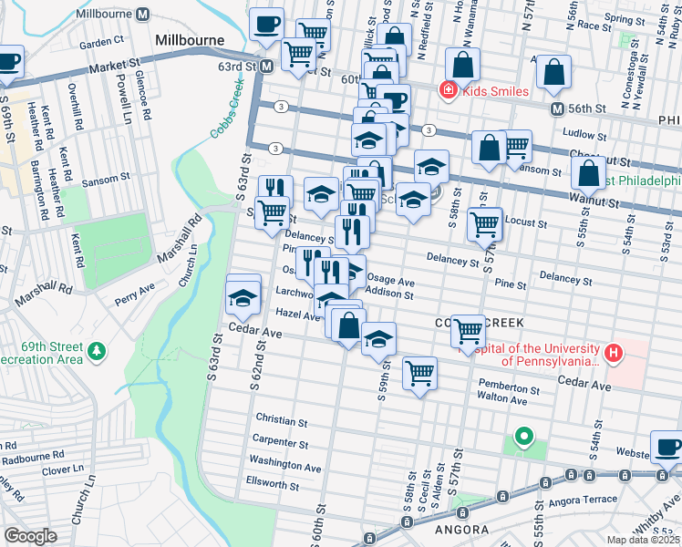 map of restaurants, bars, coffee shops, grocery stores, and more near 6023 Osage Avenue in Philadelphia