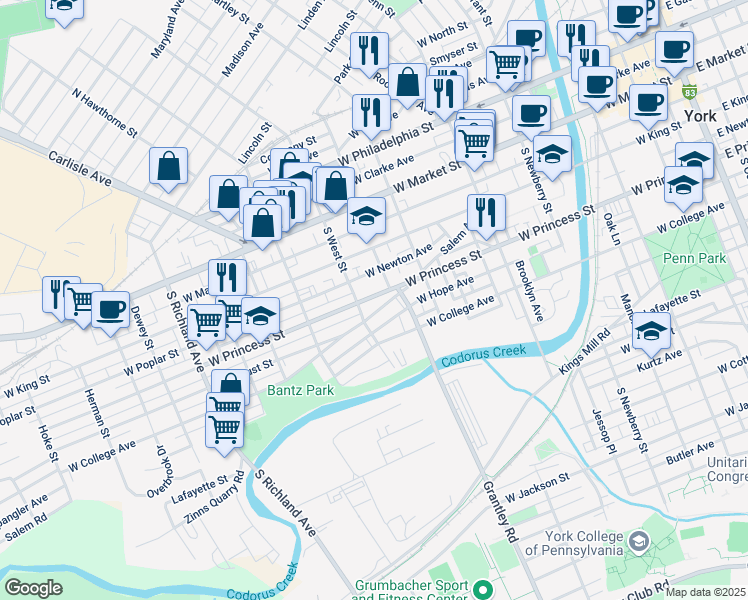 map of restaurants, bars, coffee shops, grocery stores, and more near 574 West Princess Street in York